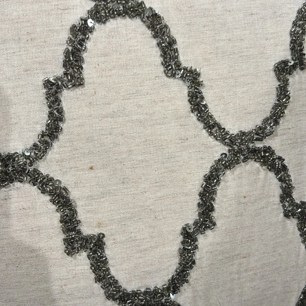 Pottery Barn Cream & Silver Pewter Beaded Sequins Geometric Tile Pillow